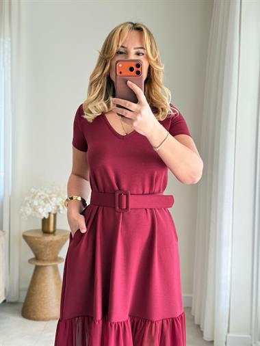 9038 Bordo V Yaka Kemerli Elbise