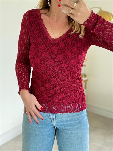7363 Bordo V Yaka Dantel Bluz