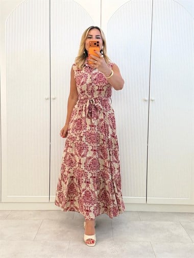 9492 Bordo Desenli Kolsuz Maxi Elbise