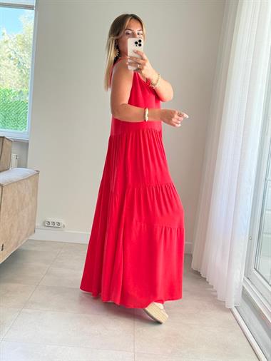 8420 Kırmızı Bisiklet Yaka Katlı Maxi Elbise