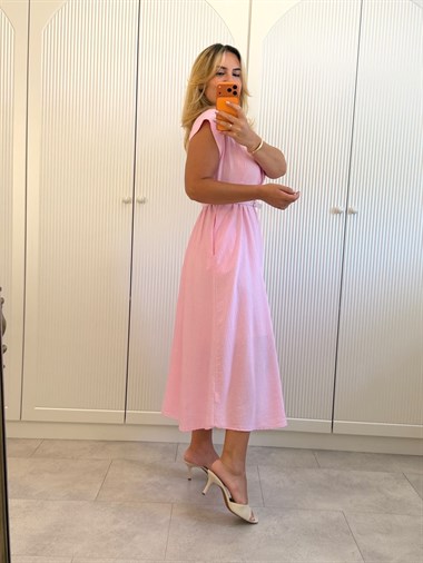 9576 Pembe Hakim Yaka Kemerli Elbise
