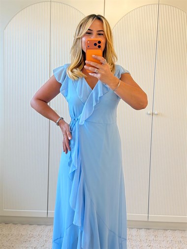 9417 Bebe Mavi Premium Kruvaze Volanlı Sifon Elbise