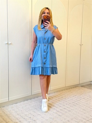 9284 Mavi Etek Ucu Fırfır Tensel Elbise