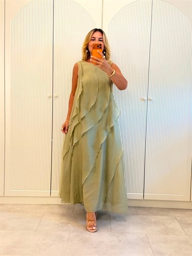 9605 Adaçayı Yeşili Valon  Detay Kolsuz Elbise