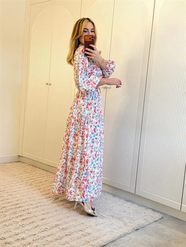 9126 Hakim Yaka Pembe Çıtır Çiçek Elbise