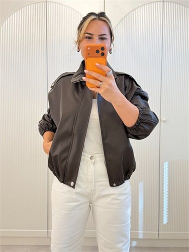 9804 Kahve Suni Deri Bomber Ceket