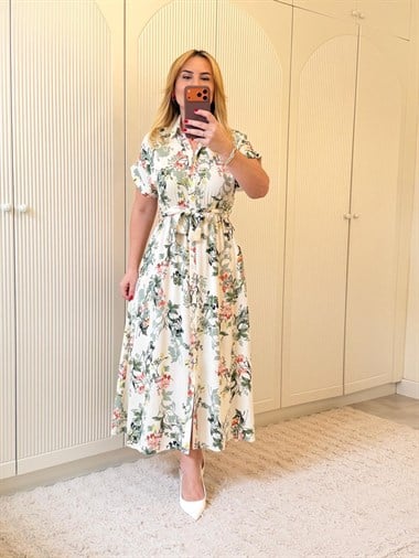 9277 Kısa Kollu Yeşil Desen Elbise