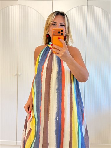 9619 Renk Bloklu Halter Yaka Elbise
