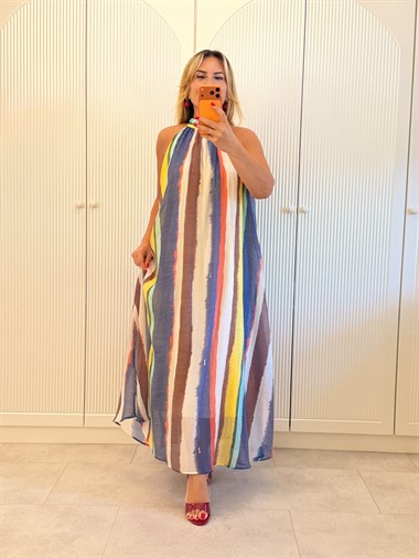 9619 Renk Bloklu Halter Yaka Elbise