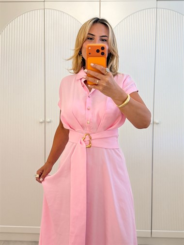 9512 Pembe Modal Önden Tokalı Elbise
