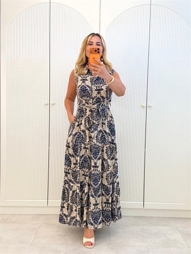 9493 Lacivert Desenli Kolsuz Maxi Elbise