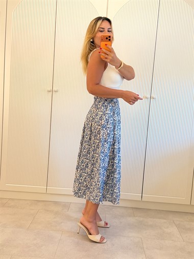 9620 Lacivert Desenli Midi Etek