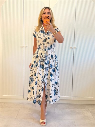 9502 Lacivert Gül Desen Viskon Elbise