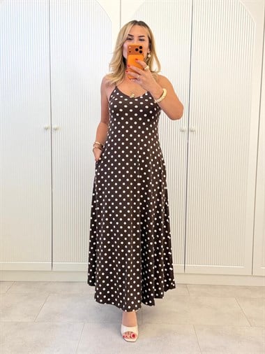9462 Kahve İp Askılı Puantiye Elbise