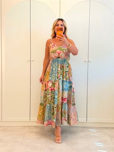9565 Vizon Pembe Premium Askılı Çiçek Elbise