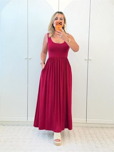 9444 Bordo Askılı Penye Elbise