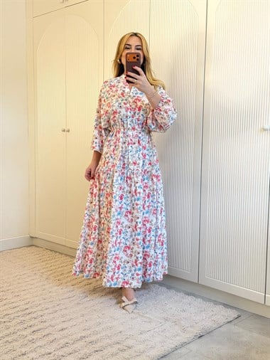 9126 Hakim Yaka Pembe Çıtır Çiçek Elbise