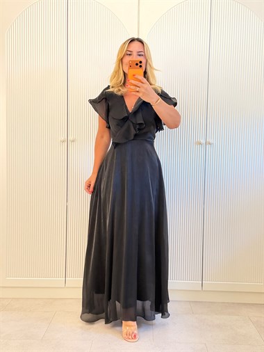 9539 Siyah Premium Volanlı Organze Elbise