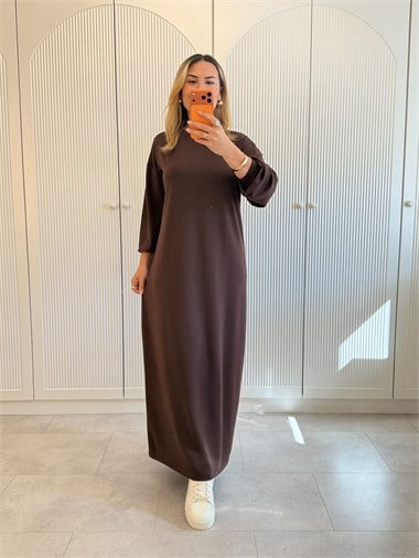 9716 Kahve Uzun Kollu Bisiklet Yaka Elbise