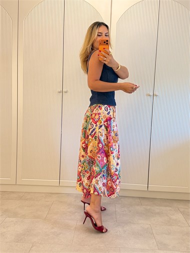 9653 Fuşya Desen Premium Pantolon Etek