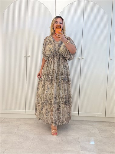 9635 Yeşil Bel Gipeli Şifon Elbise