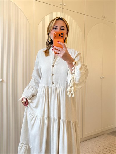 9224 Püskül Detay Keten Elbise