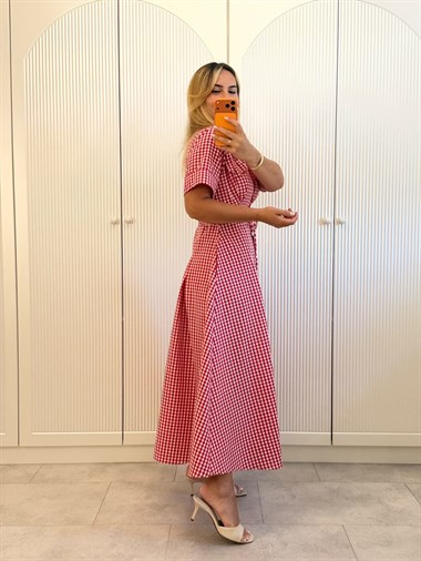 9571 Kırmızı Pötikare Elbise
