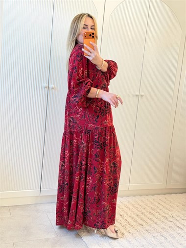 9144 Bordo Desenli Maxi Elbise