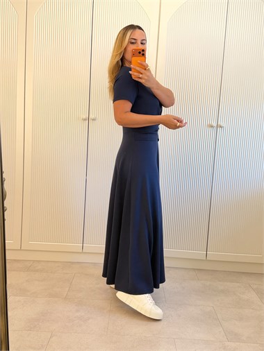 9728 Lacivert Bel Detay Midi Elbise