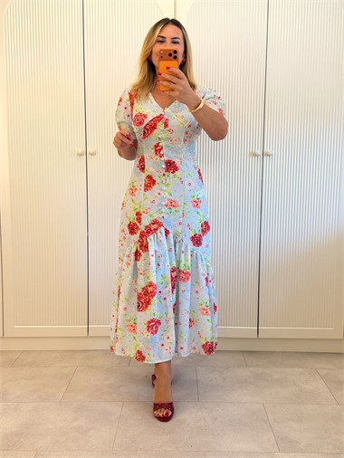 9299 Bebe Mavi Gül Desen Elbise