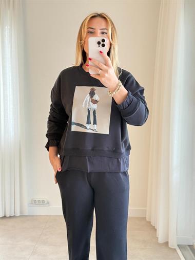 7301 Siyah Baskı Detay Sweat