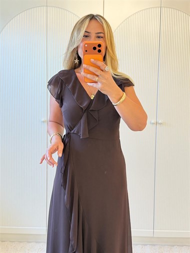 9418 Kahve Premium Kruvaze Volanlı Sifon Elbise