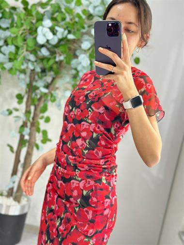 3319 İçi Astarlı Çiçekli Kırmızı Elbise