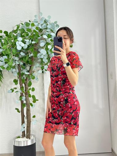 3319 İçi Astarlı Çiçekli Kırmızı Elbise