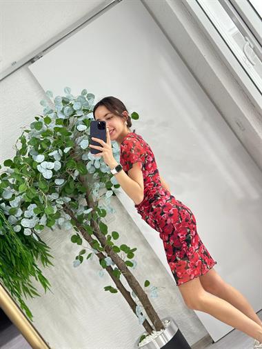 3319 İçi Astarlı Çiçekli Kırmızı Elbise