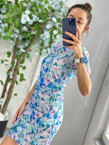 3318 İçi Astarlı Çiçekli Mavi Elbise