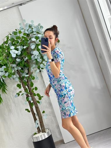 3318 İçi Astarlı Çiçekli Mavi Elbise