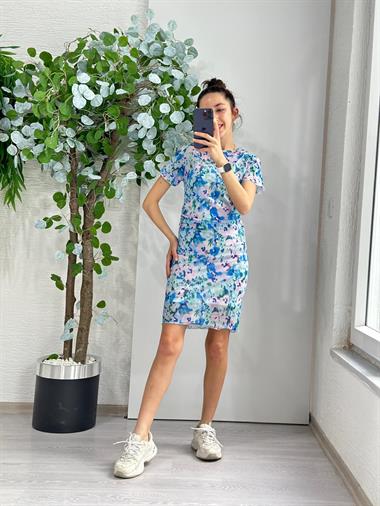 3318 İçi Astarlı Çiçekli Mavi Elbise