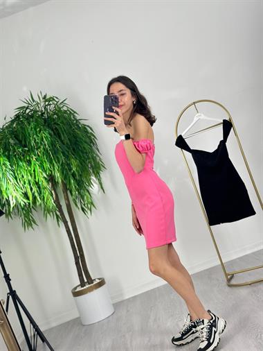 3296 Kol Detaylı Pembe Kalem Elbise