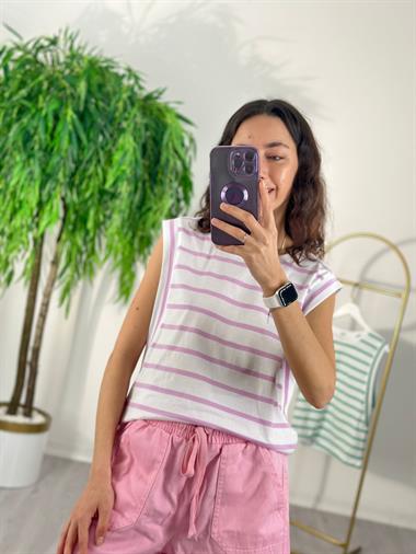 3306 Pembe Çizgili Kolsuz Tshirt