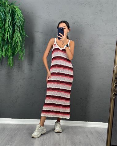 3369 Renkli Askılı Örme Elbise