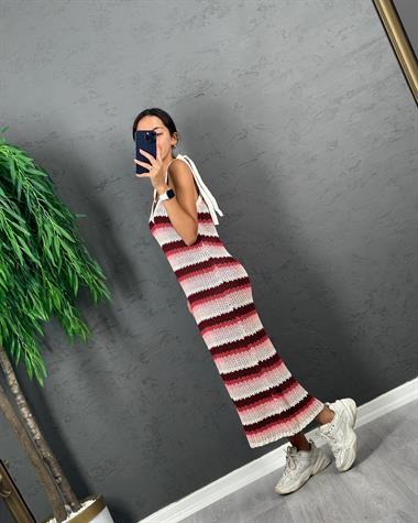 3369 Renkli Askılı Örme Elbise