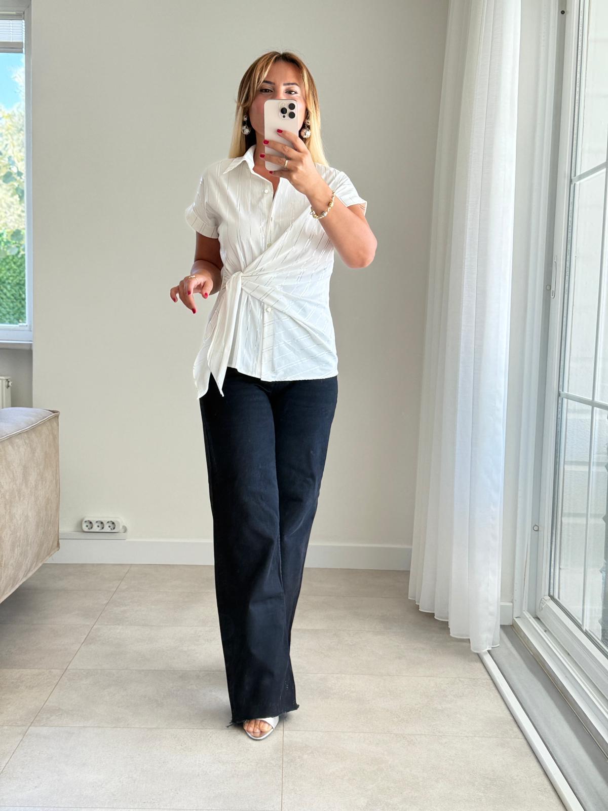 8449 Ekru Bağlama Detay Poplin Gömlek