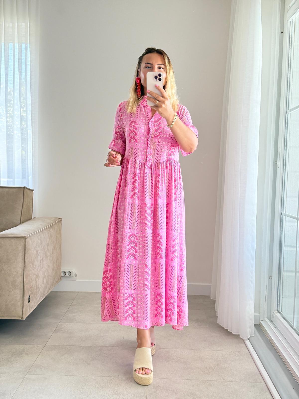 8240 Pembe Yarım Patlı Gömlek Elbise