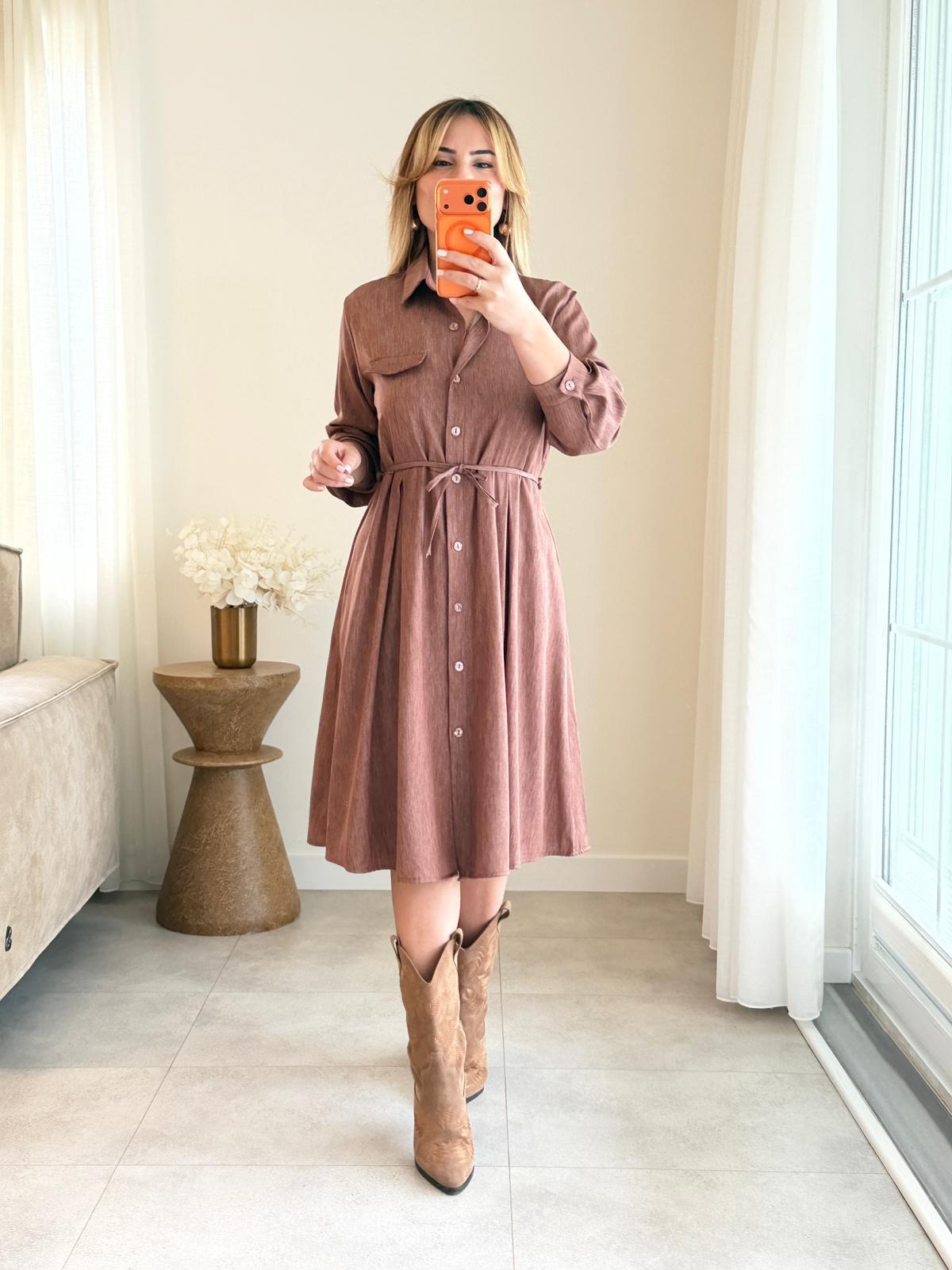 8977 Kahve Tensel Gömlek Elbise