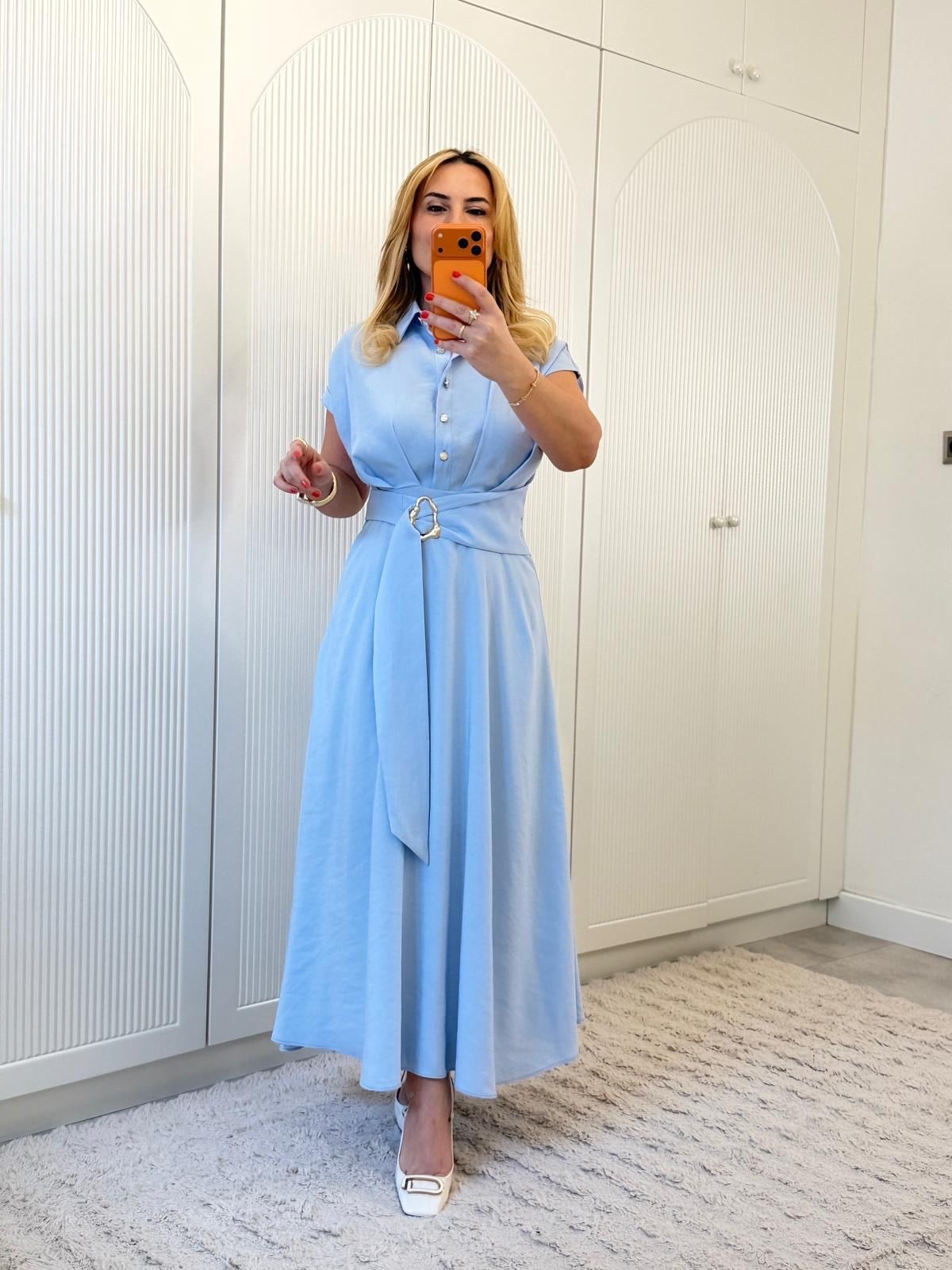 9190 Bebe Mavi Modal Önden Tokalı Elbise