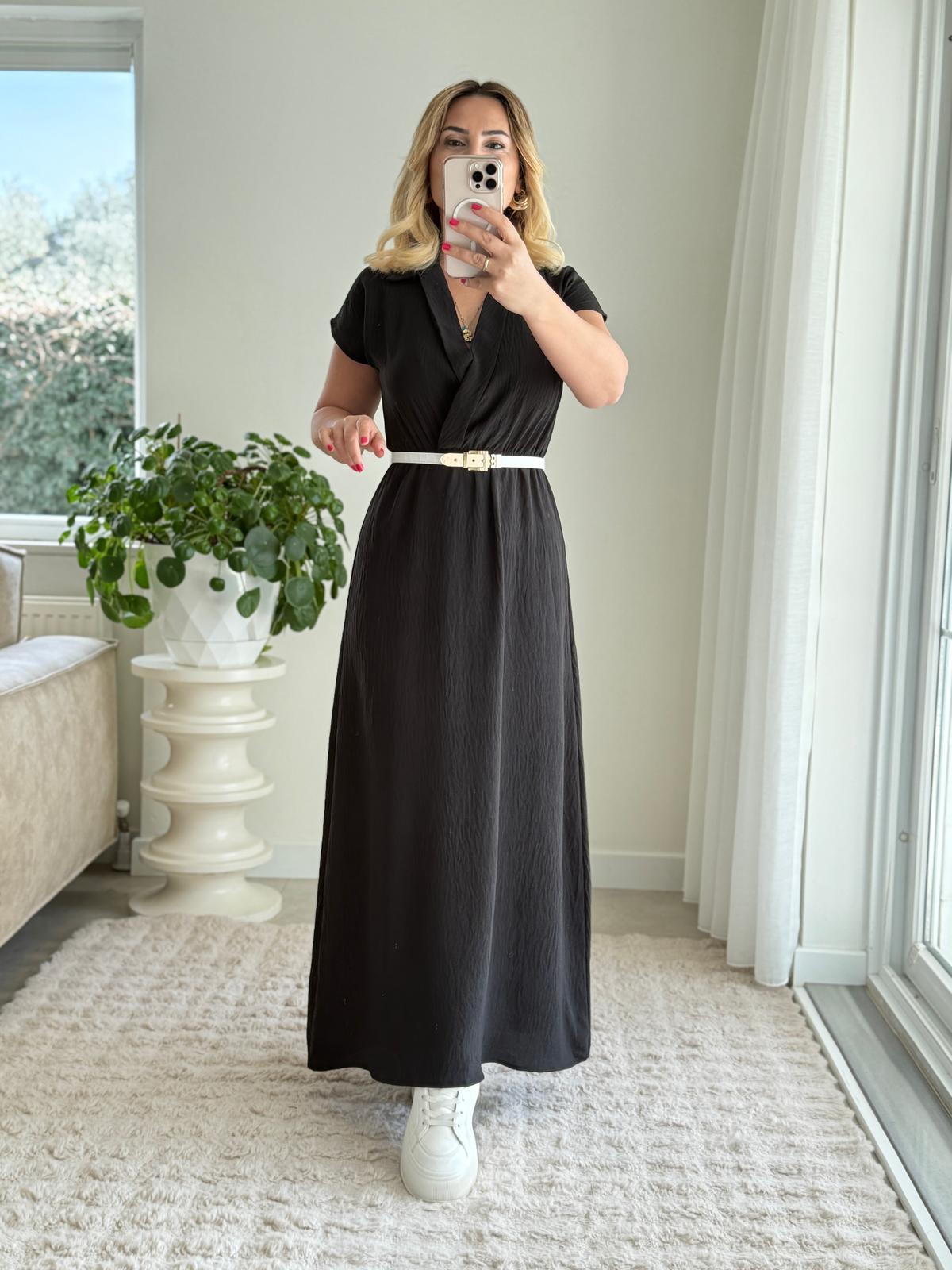 7558 Siyah Kruvaze Beli Lastikli Elbise 