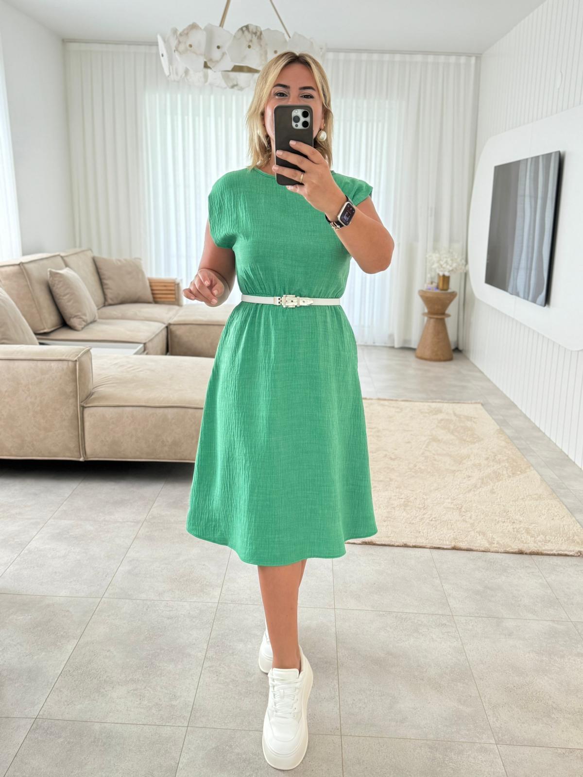 6642 Yeşil Bel Lastikli Elbise