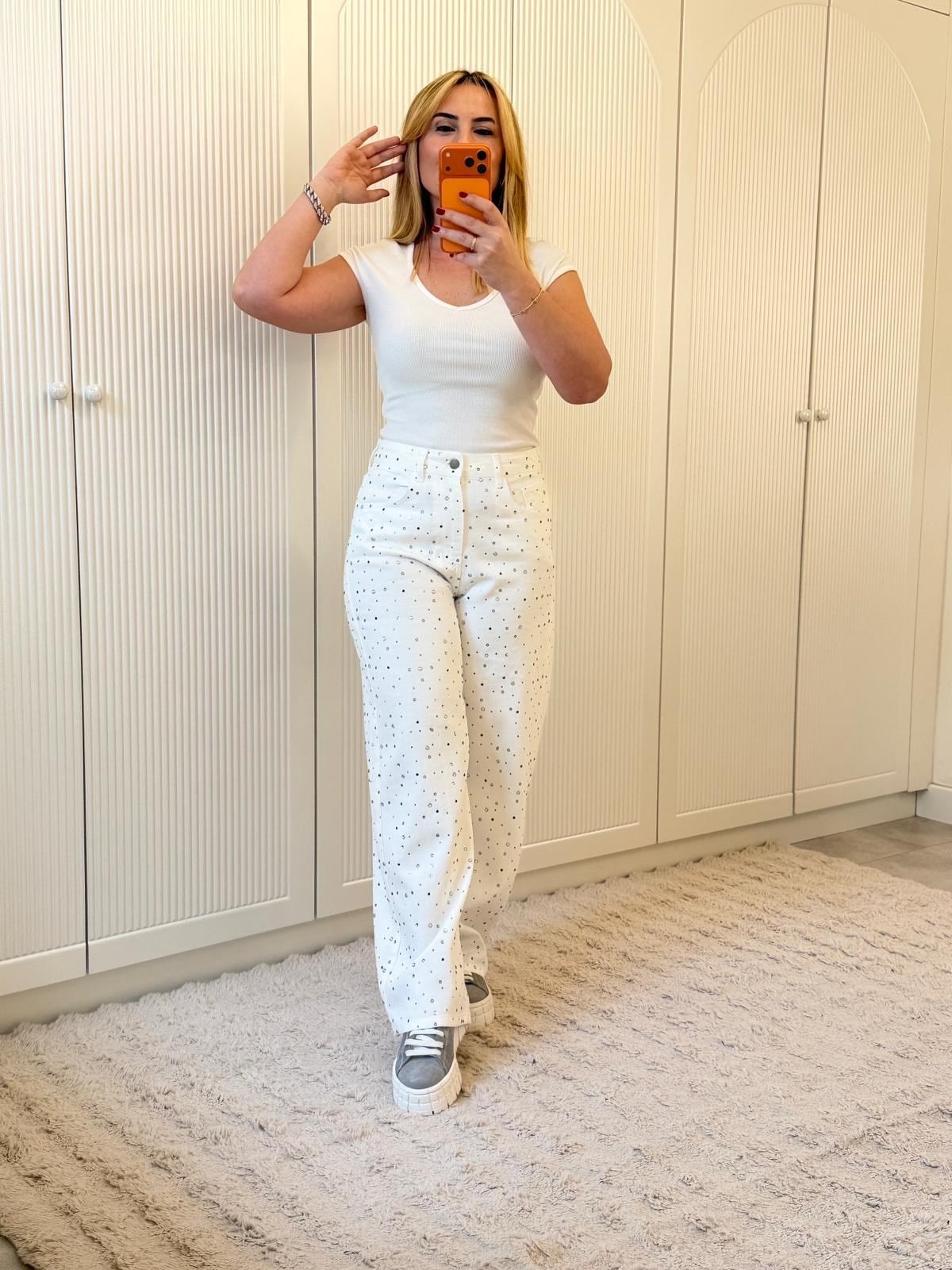 9251 Ekru Taşlı Jean Pantolon