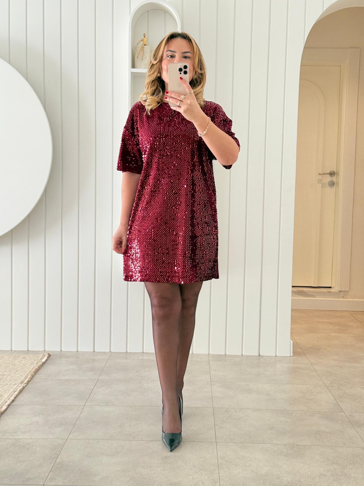 7177 Kadife Doku Bordo Pullu Elbise